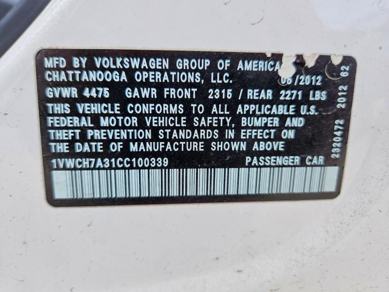 65867156 :رقم المزاد ، 1VWCH7A31CC100339 vin ، 2012 Volkswagen Passat مزاد بيع