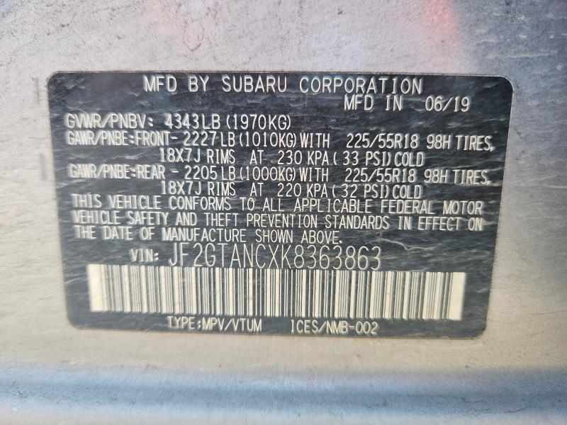 63998586 :رقم المزاد ، JF2GTANCXK8363863 vin ، 2019 Subaru Crosstrek مزاد بيع