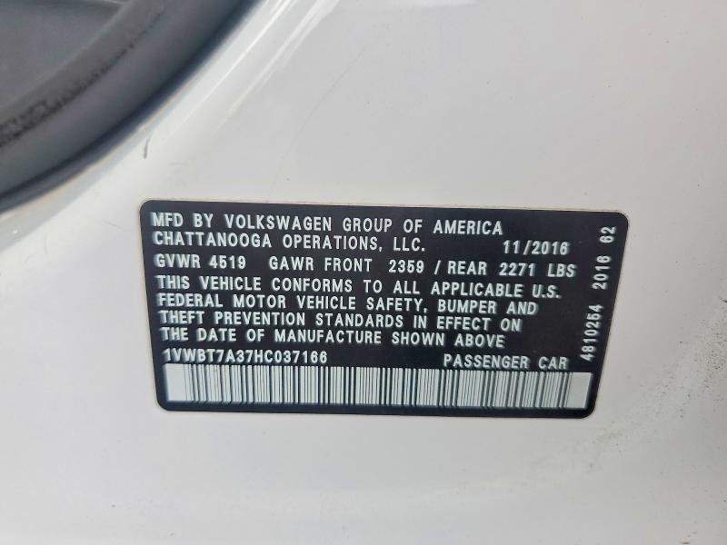 63406186 :رقم المزاد ، 1VWBT7A37HC037166 vin ، 2017 Volkswagen Passat مزاد بيع