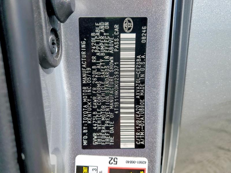Продажа на аукционе авто 2019 Toyota Camry, vin: 4T1B11HK0KU259371, номер лота: 64962926