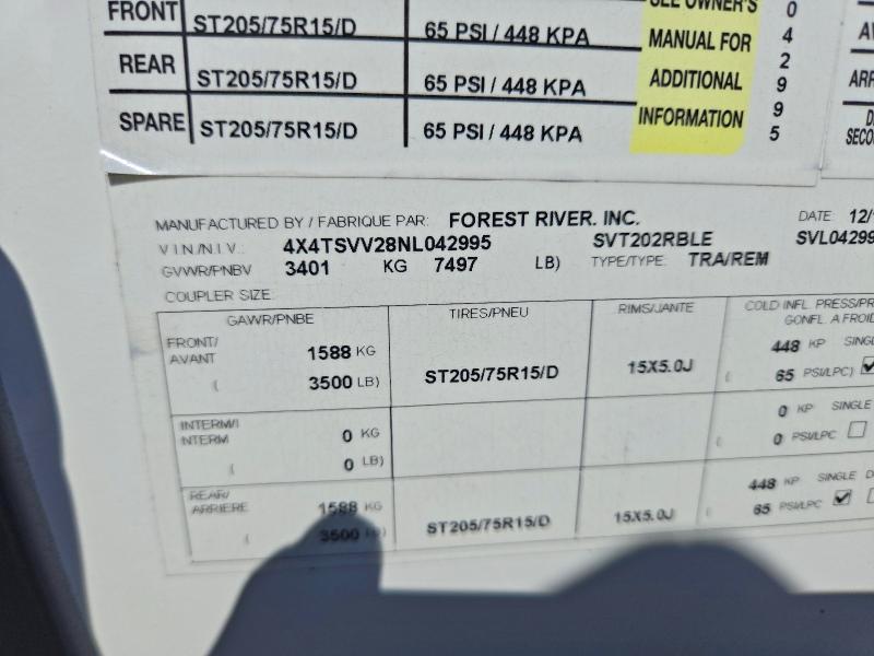 61218186 :رقم المزاد ، 4X4TSVV28NL042995 vin ، 2022 Other Forest River مزاد بيع