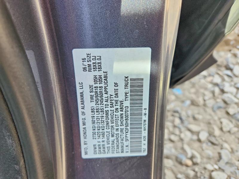 2017 Honda Ridgeline მანქანა იყიდება აუქციონზე, vin: 5FPYK3F60HB007013, აუქციონის ნომერი: 65934696