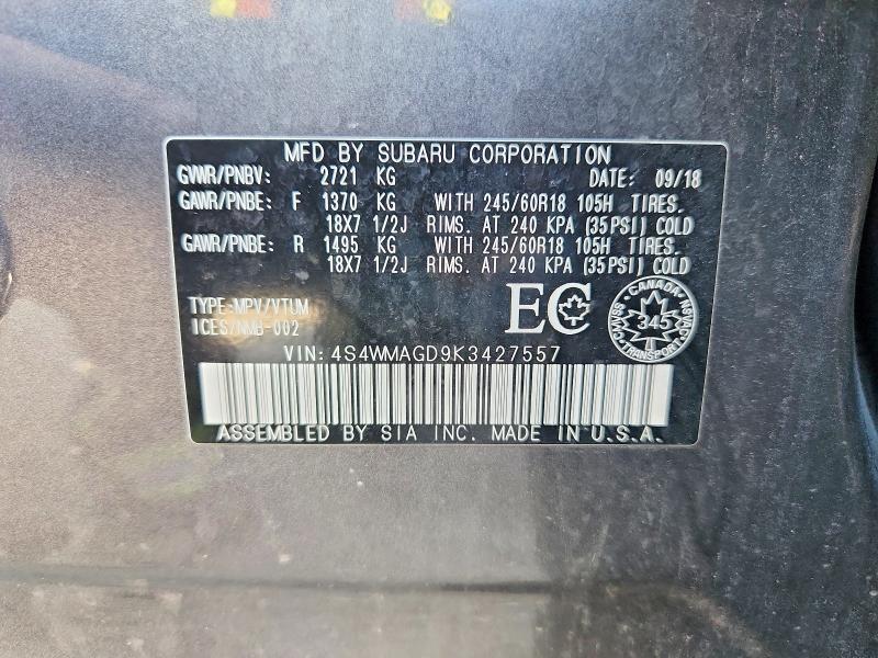 Продаж на аукціоні авто 2019 Subaru Ascent, vin: 4S4WMAGD9K3427557, номер лоту: 66093936