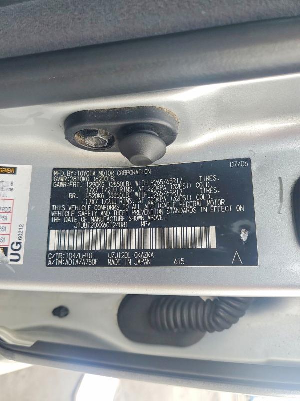 Aukcja sprzedaży 2006 Lexus Gx, vin: JTJBT20XX60124081, numer aukcji: 66797176