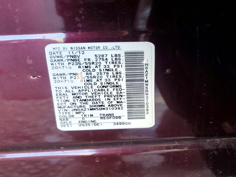 67376856 :رقم المزاد ، JN8AZ1MW5DW310392 vin ، 2013 Nissan Murano مزاد بيع