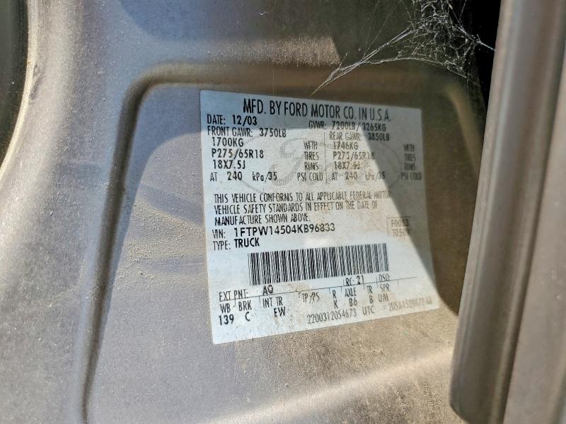 2004 Ford F150 მანქანა იყიდება აუქციონზე, vin: 1FTPW14504KB96833, აუქციონის ნომერი: 64646116