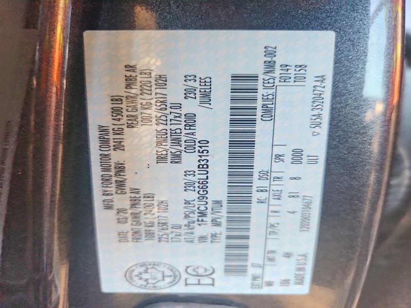 Продаж на аукціоні авто 2020 Ford Escape, vin: 1FMCU9G66LUB31510, номер лоту: 65272896