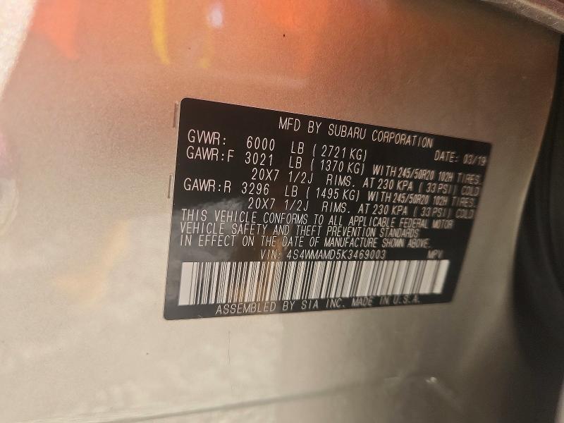66078966 :رقم المزاد ، 4S4WMAMD5K3469003 vin ، 2019 Subaru Ascent مزاد بيع