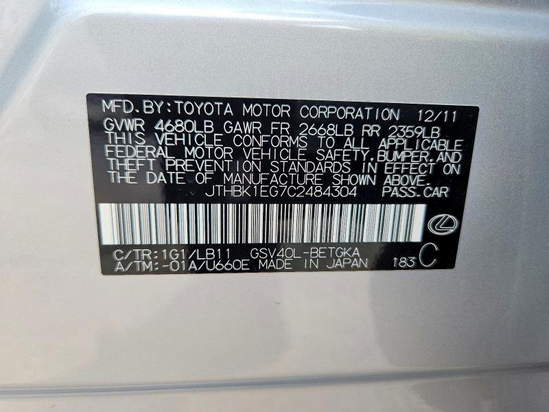 2012 Lexus Es მანქანა იყიდება აუქციონზე, vin: JTHBK1EG7C2484304, აუქციონის ნომერი: 63705276
