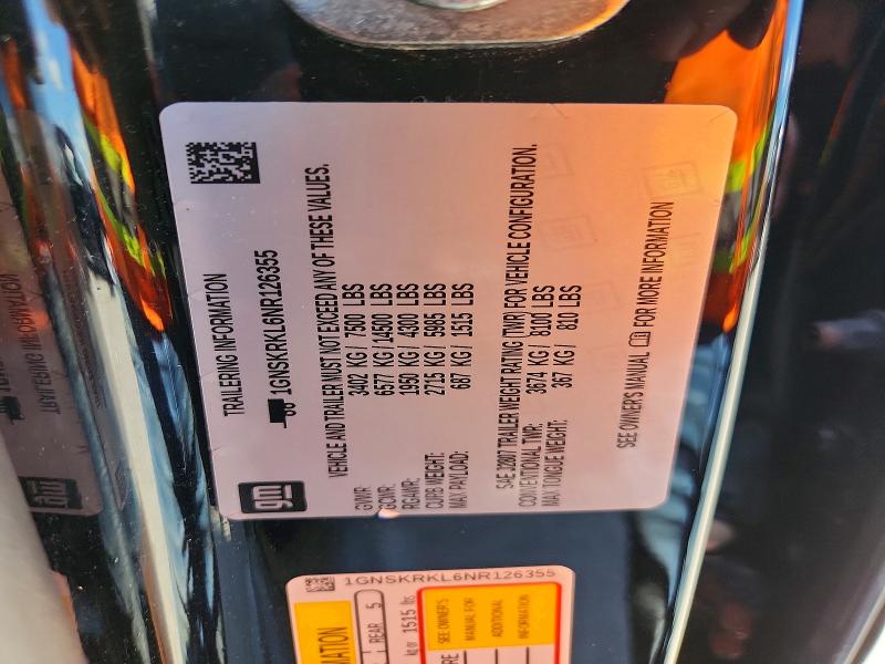 2022 Chevrolet Tahoe მანქანა იყიდება აუქციონზე, vin: 1GNSKRKL6NR126355, აუქციონის ნომერი: 66252566