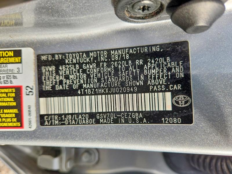 65910136 :رقم المزاد ، 4T1BZ1HKXJU020949 vin ، 2018 Toyota Camry مزاد بيع