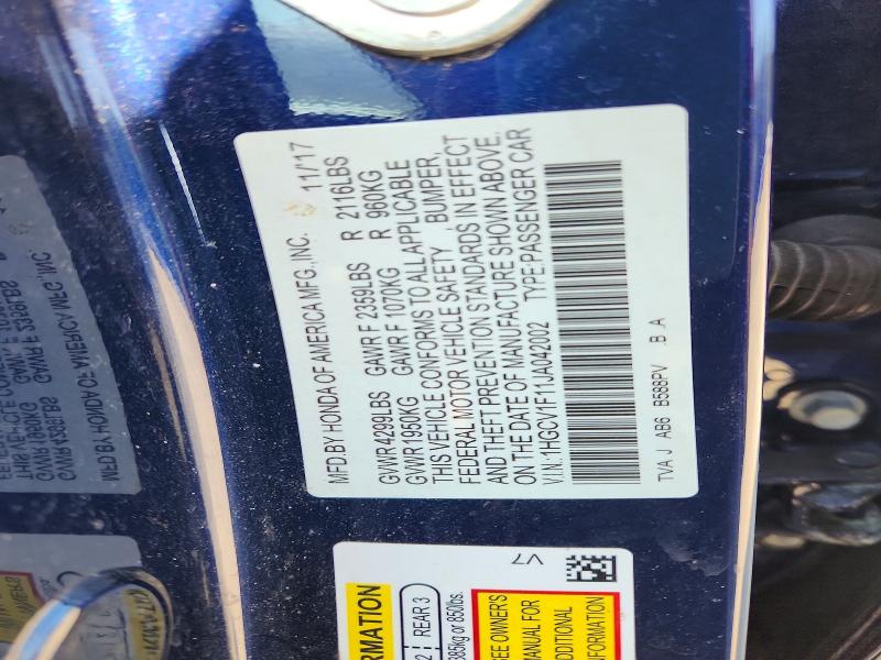 Aukcja sprzedaży 2018 Honda Accord, vin: 1HGCV1F11JA042002, numer aukcji: 66055396