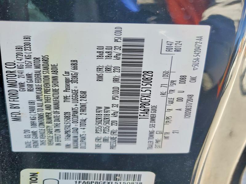 Auction sale of the 2020 Ford Mustang, vin: 1FA6P8CFXL5150828, lot number: 65717876