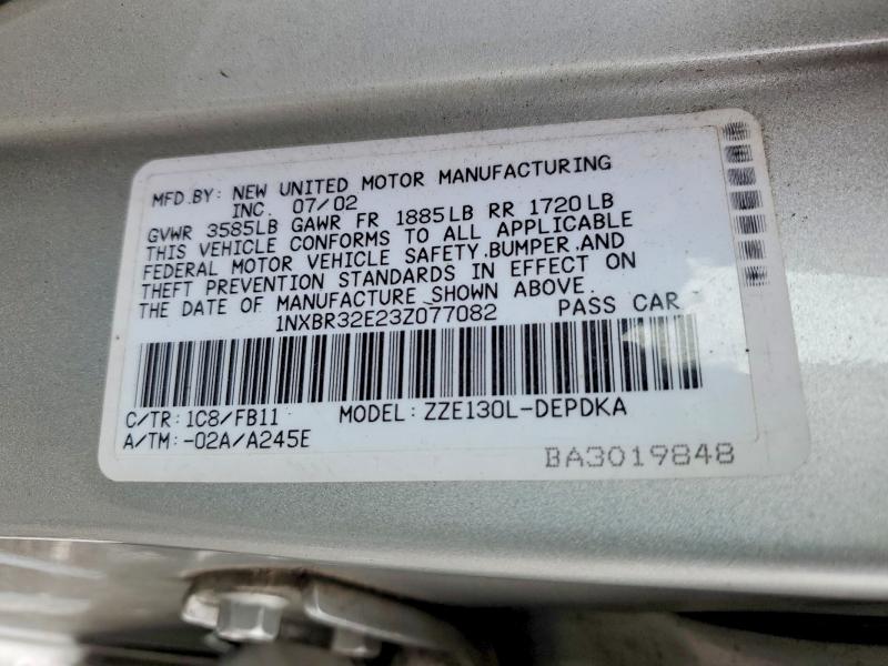 65353976 :رقم المزاد ، 1NXBR32E23Z077082 vin ، 2003 Toyota Corolla مزاد بيع