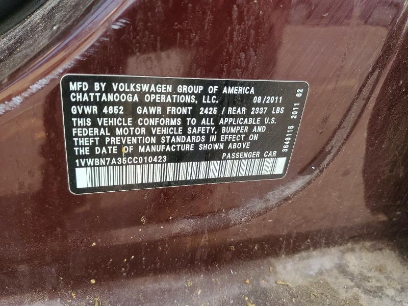Aukcja sprzedaży 2012 Volkswagen Passat, vin: 1VWBN7A35CC010423, numer aukcji: 64129186