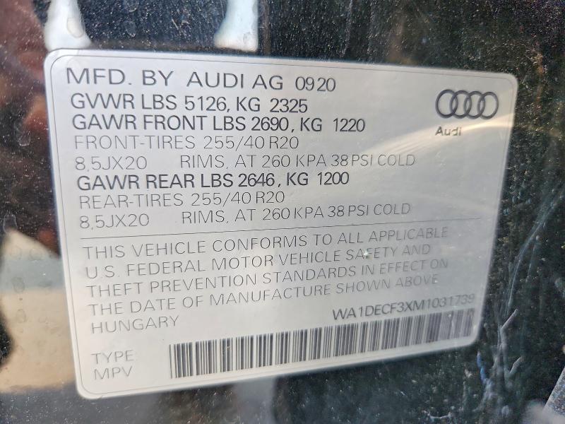 2021 Audi Q3 მანქანა იყიდება აუქციონზე, vin: WA1DECF3XM1031739, აუქციონის ნომერი: 63717926