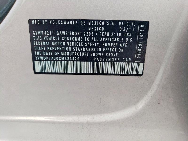 63781026 :رقم المزاد ، 3VWDP7AJ0CM383420 vin ، 2012 Volkswagen Jetta مزاد بيع
