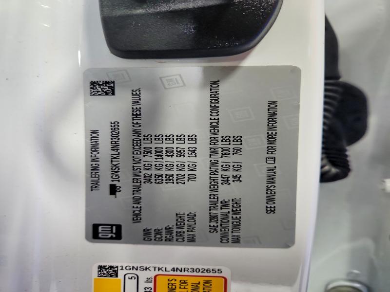 2022 Chevrolet Tahoe მანქანა იყიდება აუქციონზე, vin: 1GNSKTKL4NR302655, აუქციონის ნომერი: 62789746