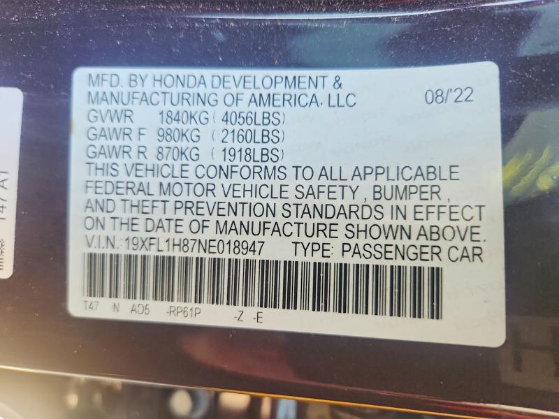 63335436 :رقم المزاد ، 19XFL1H87NE018947 vin ، 2022 Honda Civic مزاد بيع