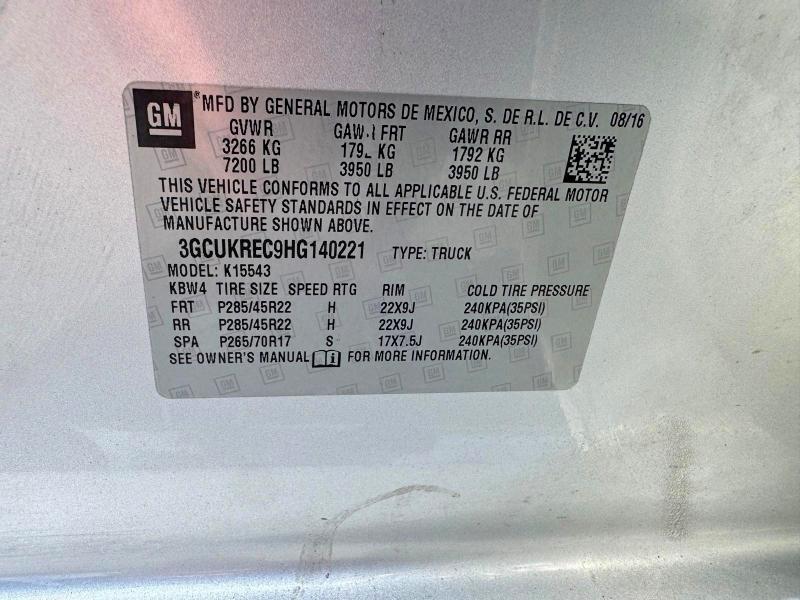 65150326 :رقم المزاد ، 3GCUKREC9HG140221 vin ، 2017 Chevrolet Silverado مزاد بيع