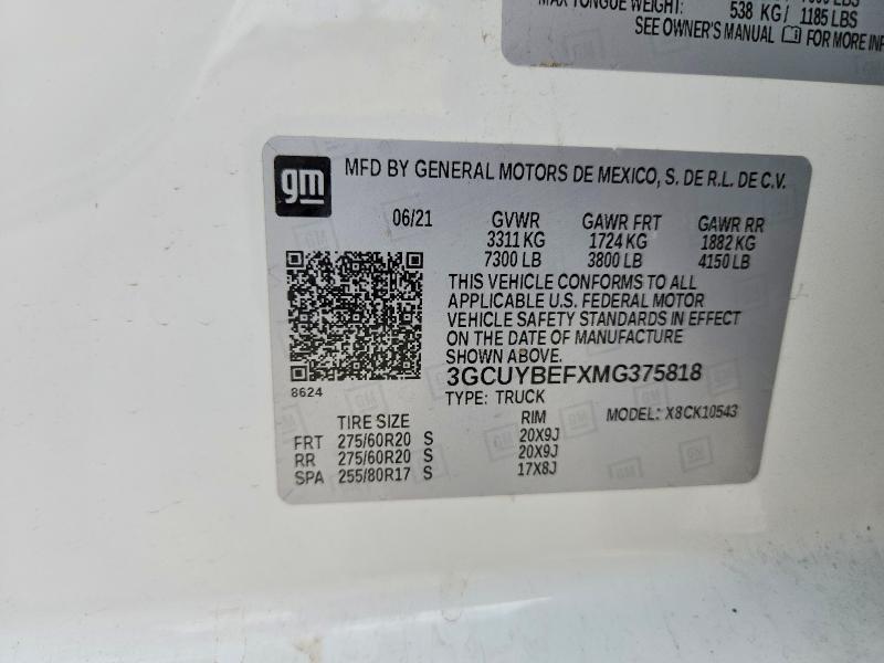 Продаж на аукціоні авто 2021 Chevrolet Silverado, vin: 3GCUYBEFXMG375818, номер лоту: 66243336