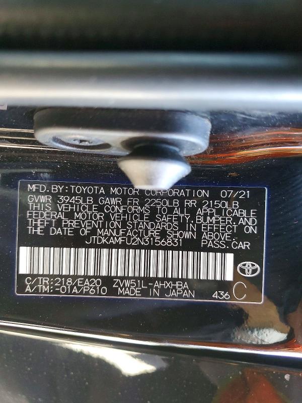 66141156 :رقم المزاد ، JTDKAMFU2N3156831 vin ، 2022 Toyota Prius مزاد بيع