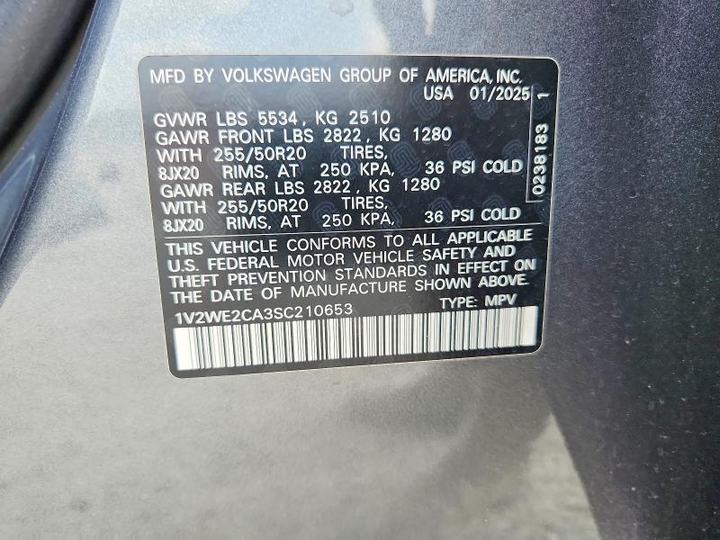 2025 Volkswagen Atlas Cross Sport მანქანა იყიდება აუქციონზე, vin: 1V2WE2CA3SC210653, აუქციონის ნომერი: 63904026