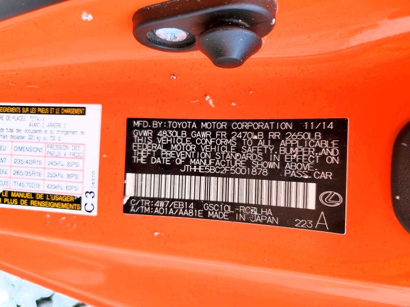 Aukcja sprzedaży 2015 Lexus Rc, vin: JTHHE5BC2F5001878, numer aukcji: 63400576