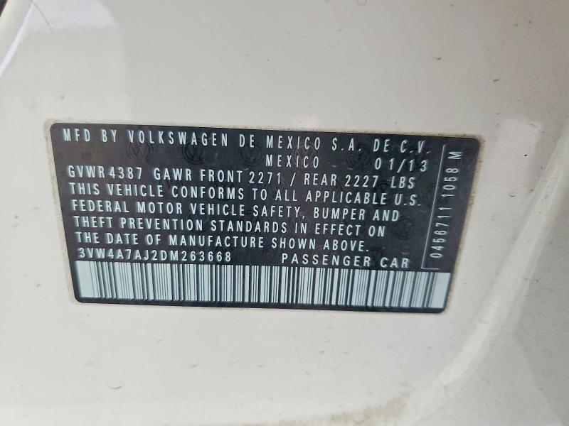 2013 Volkswagen Jetta მანქანა იყიდება აუქციონზე, vin: 3VW4A7AJ2DM263668, აუქციონის ნომერი: 66928976