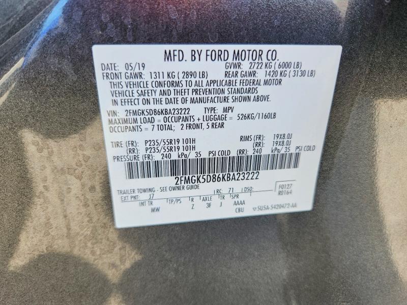 64438926 :رقم المزاد ، 2FMGK5D86KBA23222 vin ، 2019 Ford Flex مزاد بيع