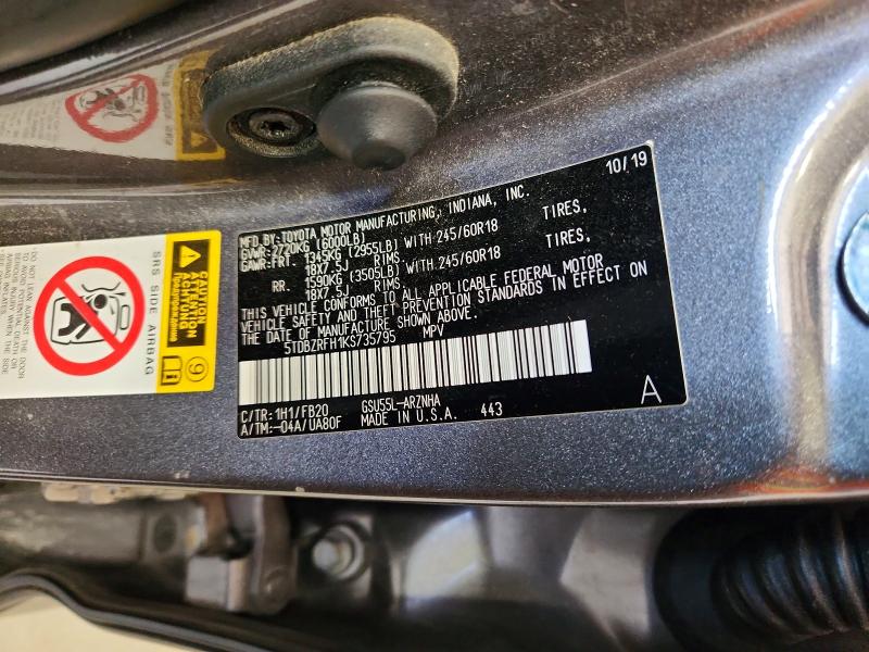 Продаж на аукціоні авто 2019 Toyota Highlander, vin: 5TDBZRFH1KS735795, номер лоту: 67352236