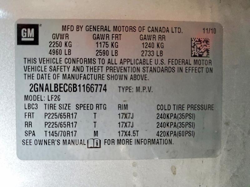 Aukcja sprzedaży 2011 Chevrolet Equinox, vin: 2GNALBEC6B1166774, numer aukcji: 64330796
