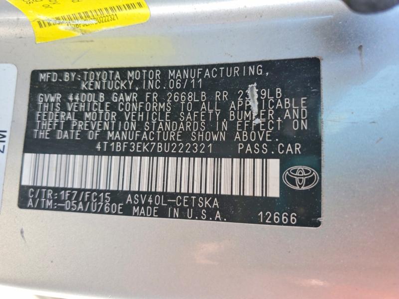 2011 Toyota Camry მანქანა იყიდება აუქციონზე, vin: 4T1BF3EK7BU222321, აუქციონის ნომერი: 62721086