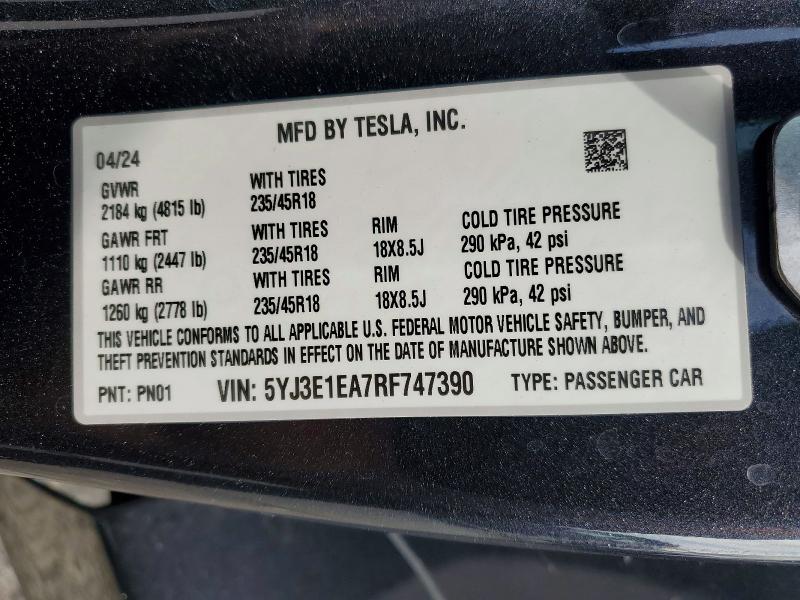 2024 Tesla Model 3 მანქანა იყიდება აუქციონზე, vin: 5YJ3E1EA7RF747390, აუქციონის ნომერი: 63778536