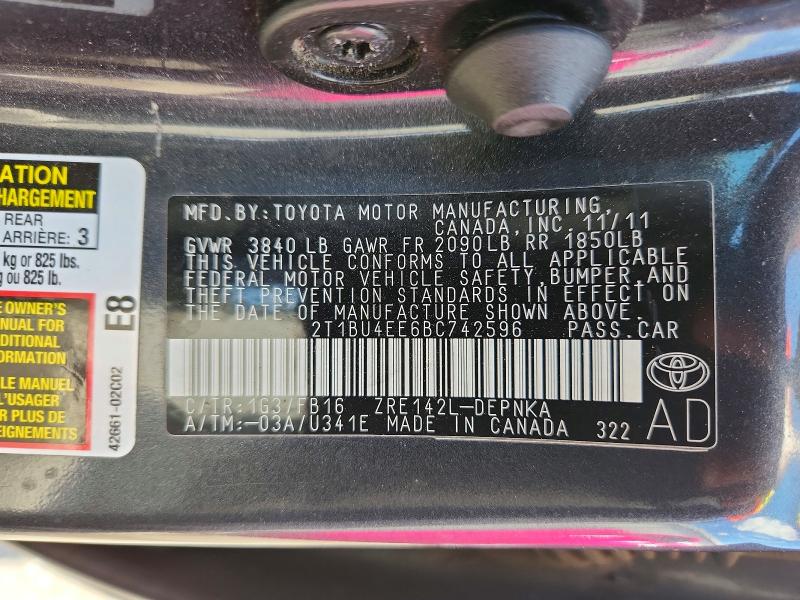 62720656 :رقم المزاد ، 2T1BU4EE6BC742596 vin ، 2011 Toyota Corolla مزاد بيع