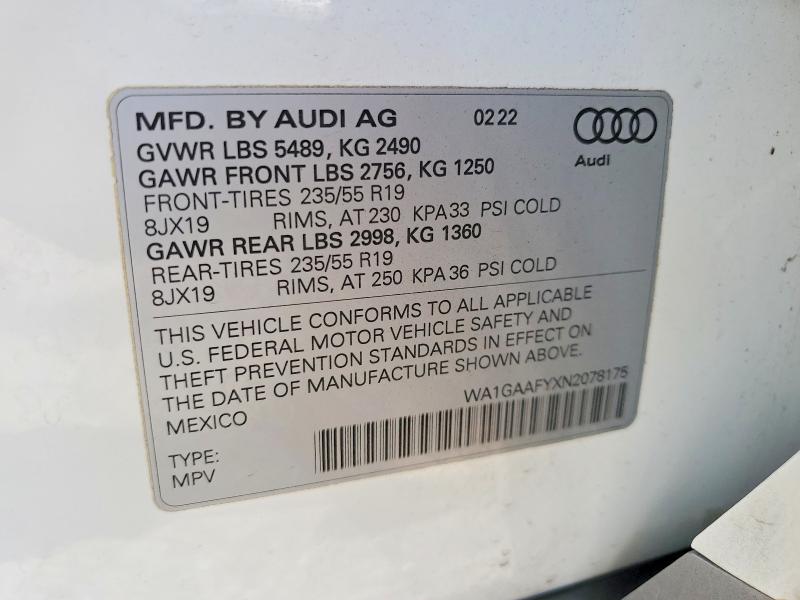 Продаж на аукціоні авто 2022 Audi Q5, vin: WA1GAAFYXN2078175, номер лоту: 64656936