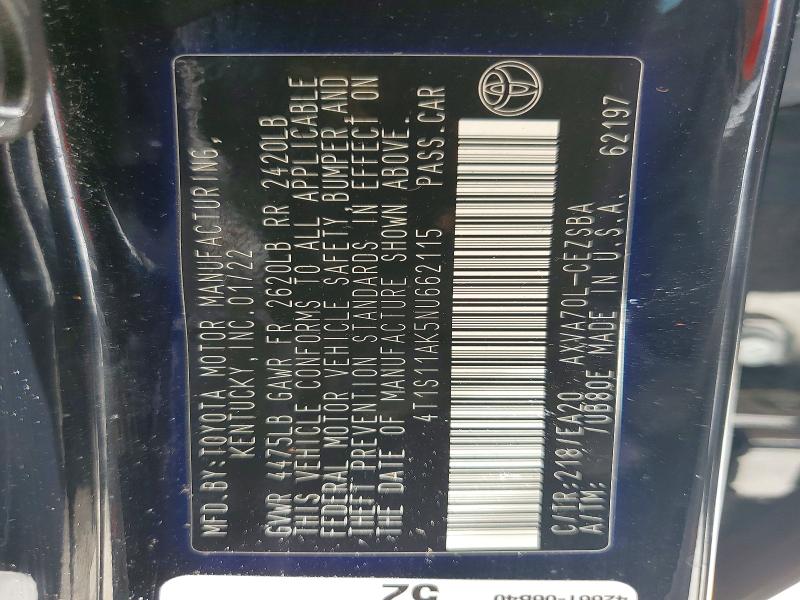 63395416 :رقم المزاد ، 4T1S11AK5NU662115 vin ، 2022 Toyota Camry مزاد بيع