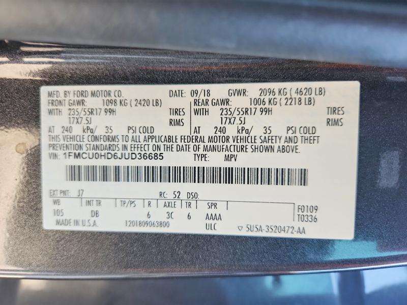 65701276 :رقم المزاد ، 1FMCU0HD6JUD36685 vin ، 2018 Ford Escape مزاد بيع