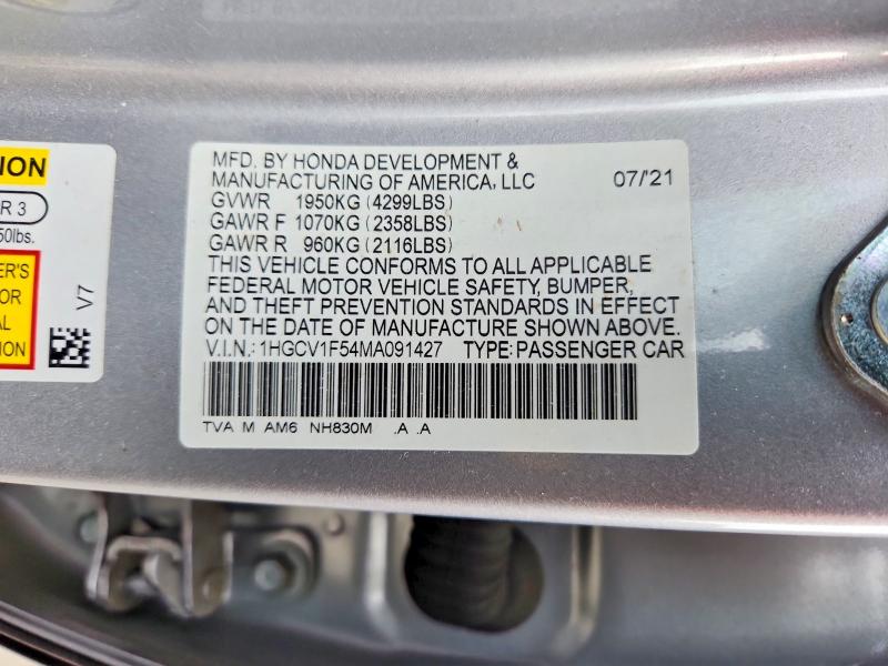 Aukcja sprzedaży 2021 Honda Accord, vin: 1HGCV1F54MA091427, numer aukcji: 63547326