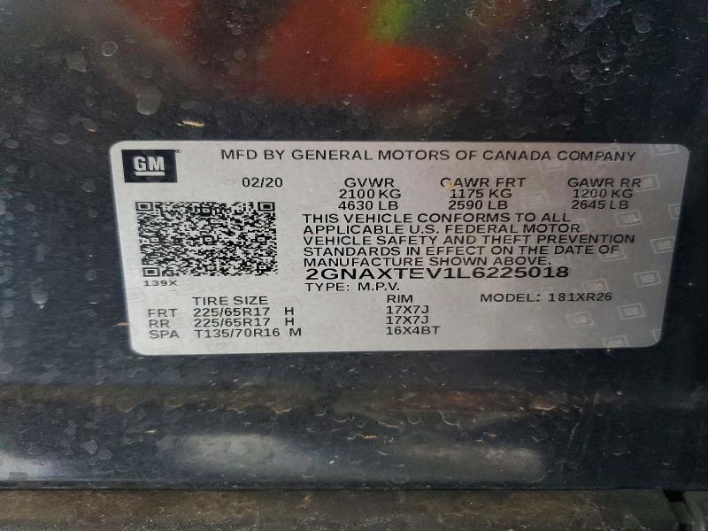 65213806 :رقم المزاد ، 2GNAXTEV1L6225018 vin ، 2020 Chevrolet Equinox مزاد بيع