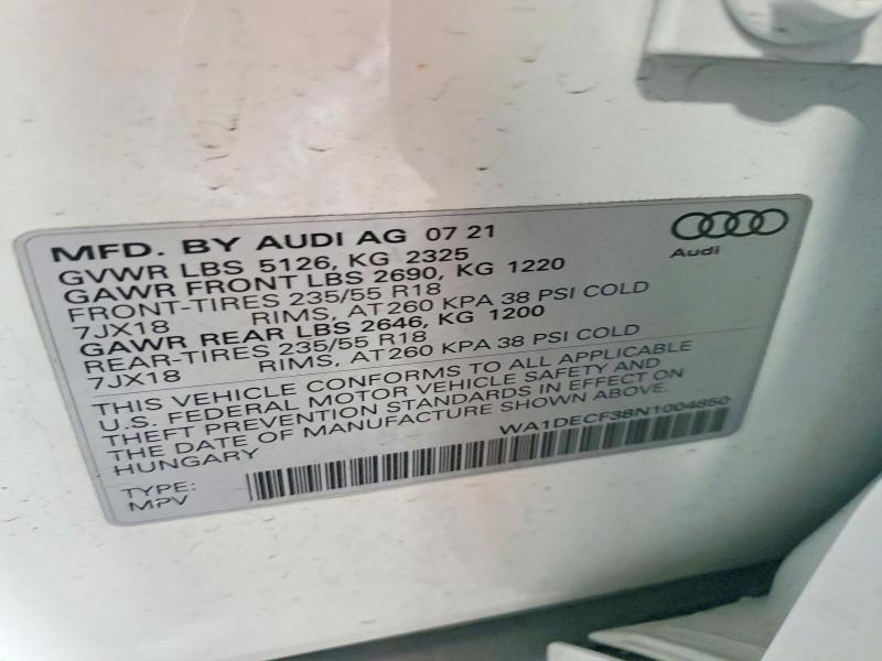 2022 Audi Q3 მანქანა იყიდება აუქციონზე, vin: WA1DECF38N1004850, აუქციონის ნომერი: 63652806