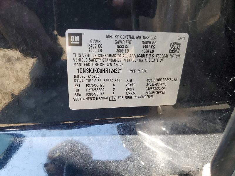 2017 Chevrolet Suburban მანქანა იყიდება აუქციონზე, vin: 1GNSKJKC0HR124221, აუქციონის ნომერი: 65456086