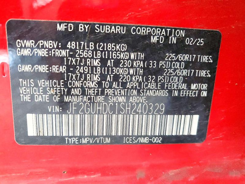 2025 Subaru Crosstrek მანქანა იყიდება აუქციონზე, vin: JF2GUHDC1SH240329, აუქციონის ნომერი: 64480316