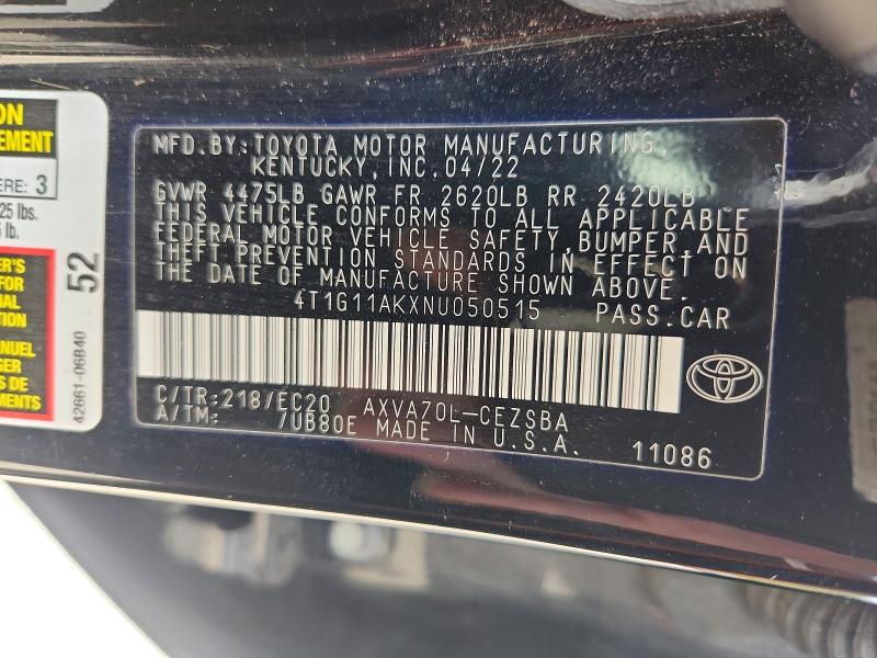 Aukcja sprzedaży 2022 Toyota Camry, vin: 4T1G11AKXNU050515, numer aukcji: 66308626
