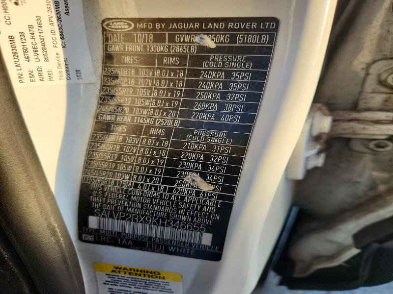 65528296 :رقم المزاد ، SALVP2RX9KH346655 vin ، 2019 Land Rover Range Rover Evoque مزاد بيع