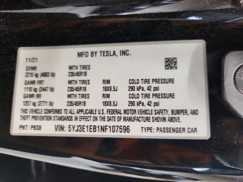 Aukcja sprzedaży 2022 Tesla Model 3, vin: 5YJ3E1EB1NF107596, numer aukcji: 63337396
