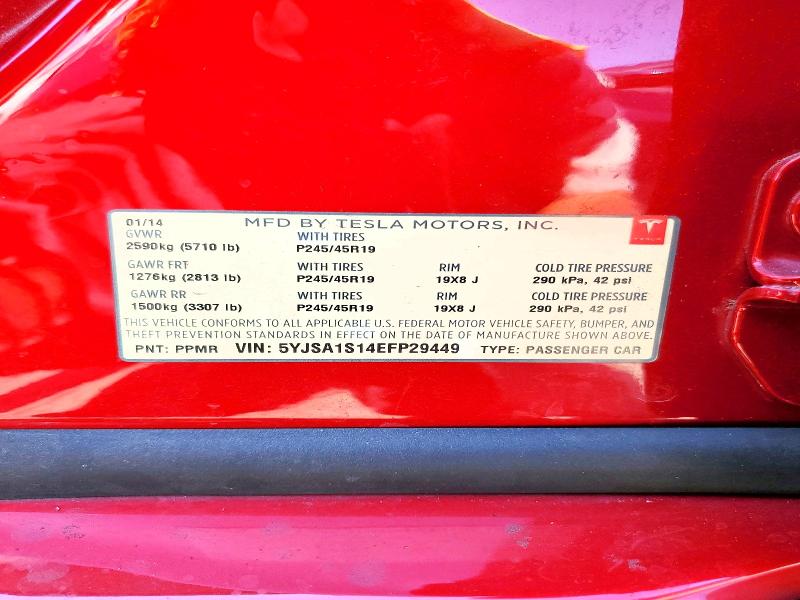 2014 Tesla Model S მანქანა იყიდება აუქციონზე, vin: 5YJSA1S14EFP29449, აუქციონის ნომერი: 66379206