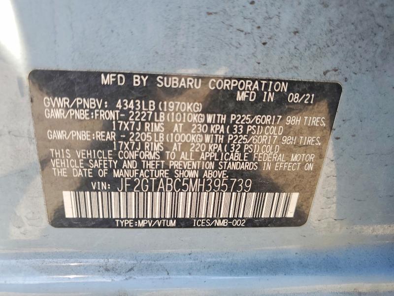Aukcja sprzedaży 2021 Subaru Crosstrek, vin: JF2GTABC5MH395739, numer aukcji: 65535566