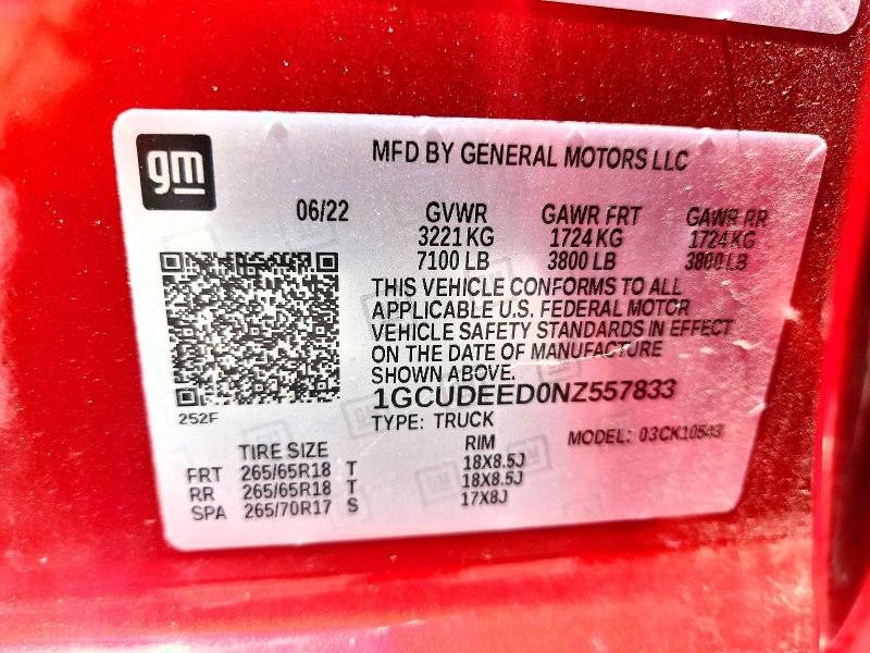 Aukcja sprzedaży 2022 Chevrolet Silverado, vin: 1GCUDEED0NZ557833, numer aukcji: 63739586
