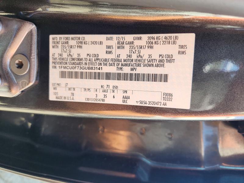2016 Ford Escape მანქანა იყიდება აუქციონზე, vin: 1FMCU0F73GUB83141, აუქციონის ნომერი: 66053886